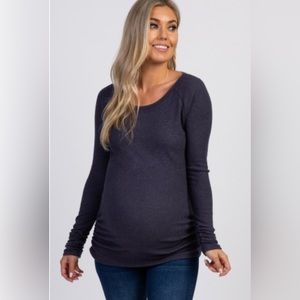 Pinkblush Navy Ribbed Knit Ruched Maternity Top Size Medium Long Sleeve